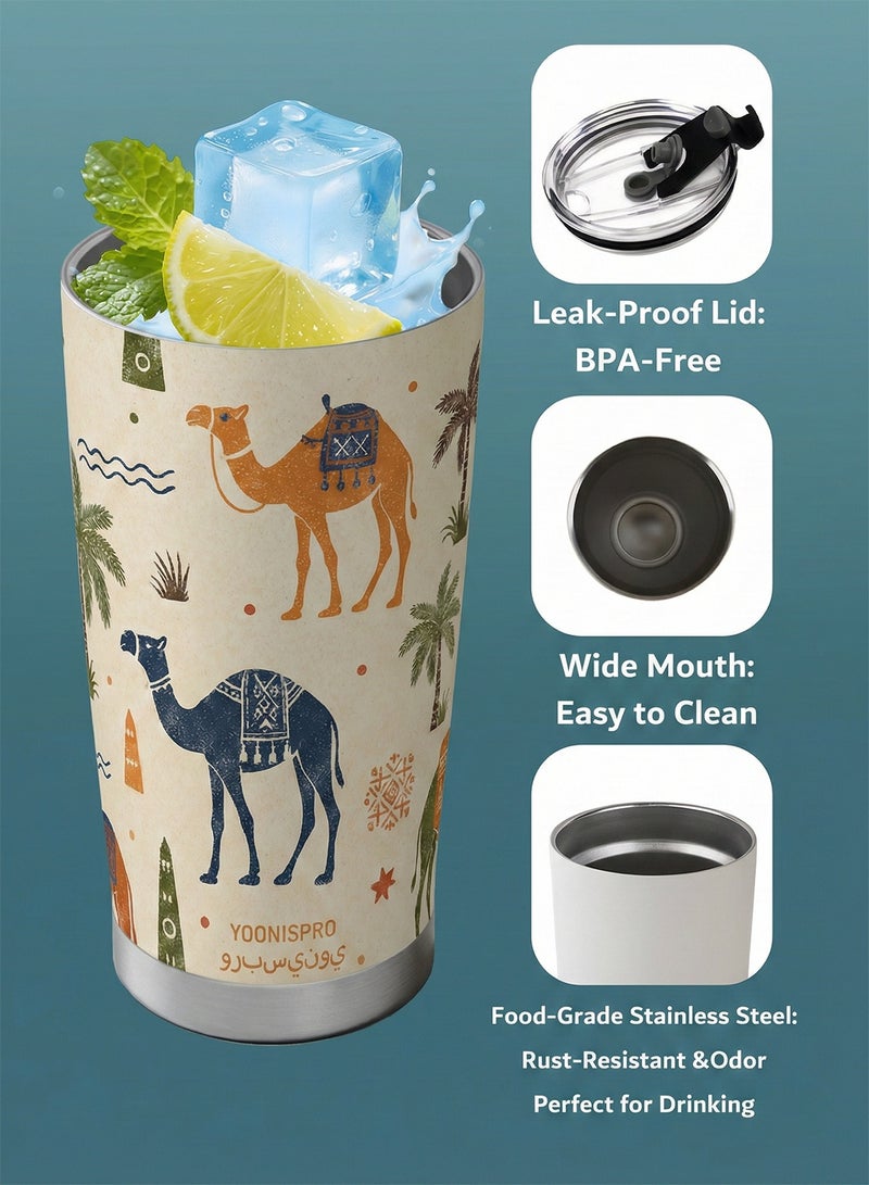 YOONISPRO Travel Coffee Mug 20oz/590ml, 304 Stainless Steel Double-Wall Vacuum Insulated Car Cup with Straw and Brush, Suitable for Iced & Hot Drinks, Light Brown Desert & Camel Design, Ideal Gift - Image 4